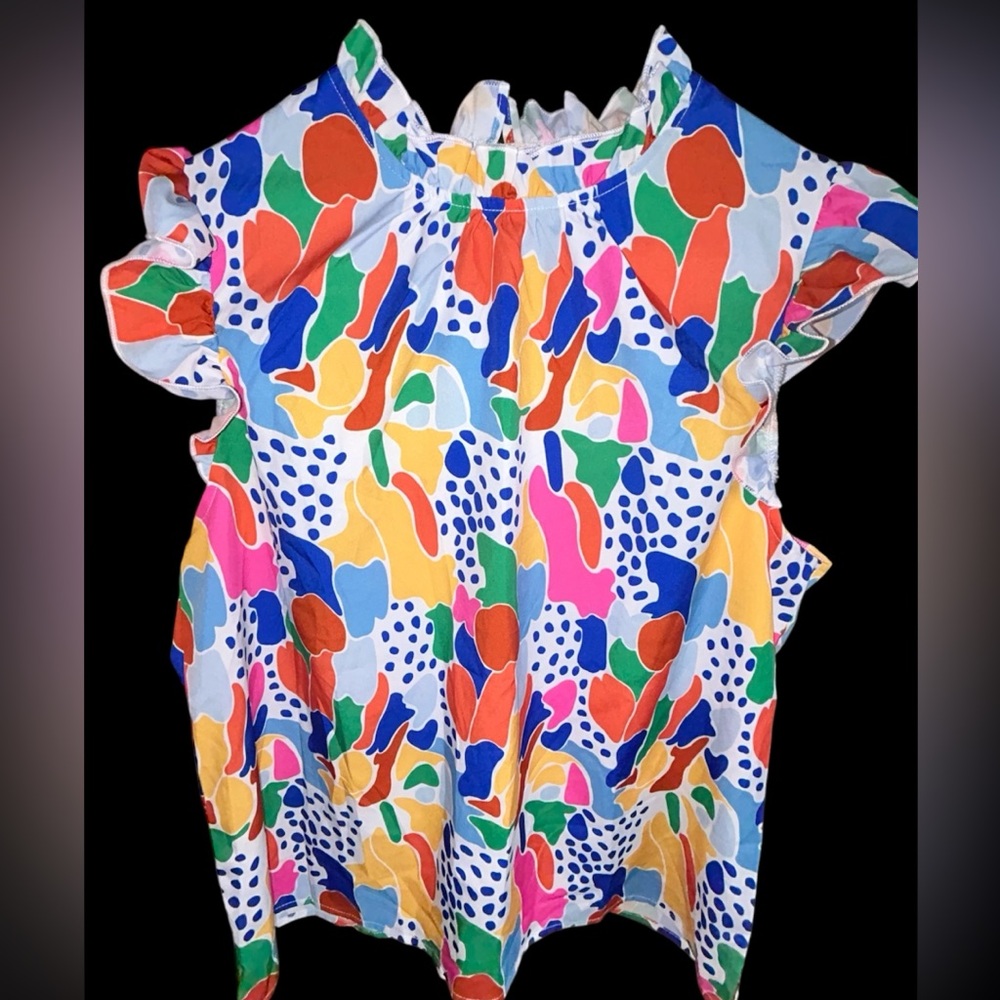 SHEIN Abstract Multicolor Ruffle Flutter Sleeve Blouse - XL keyhole neck